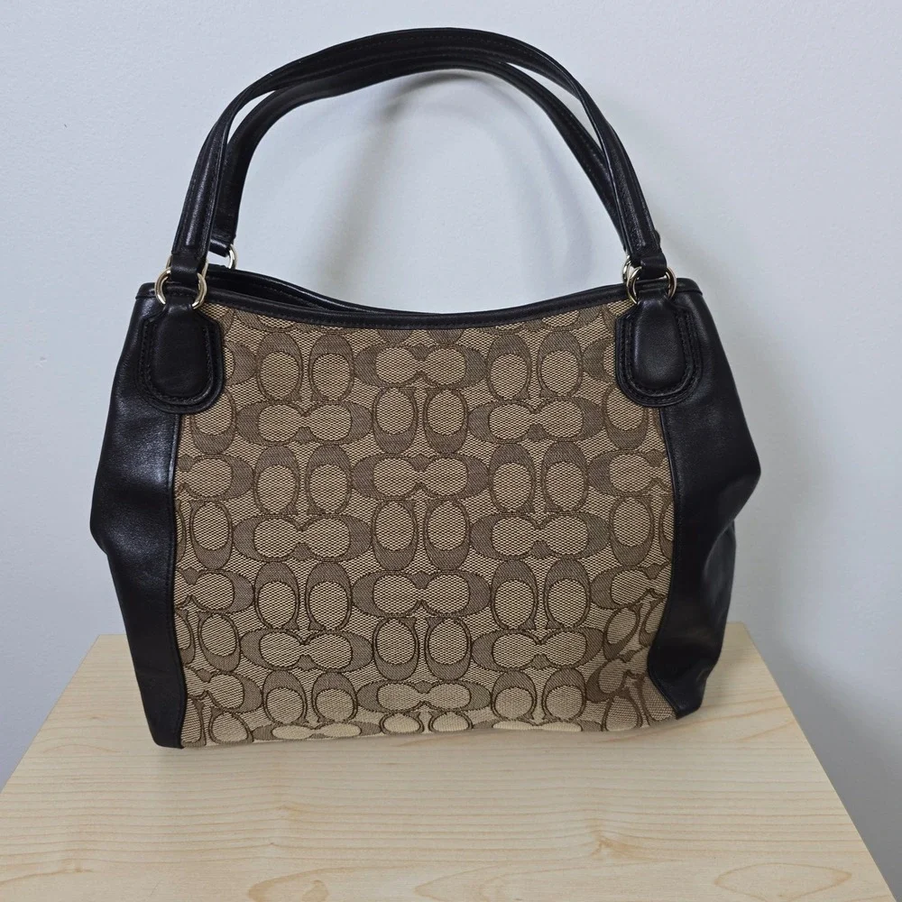 Coach Signature Edie 36370 Canvas Leather Satchel Bag Khaki Brown
